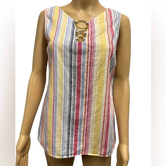 Chloe + Rene Linen Striped Embellished Gold Ring Neckline Sleeveless Blouse S - Picture 1 of 10